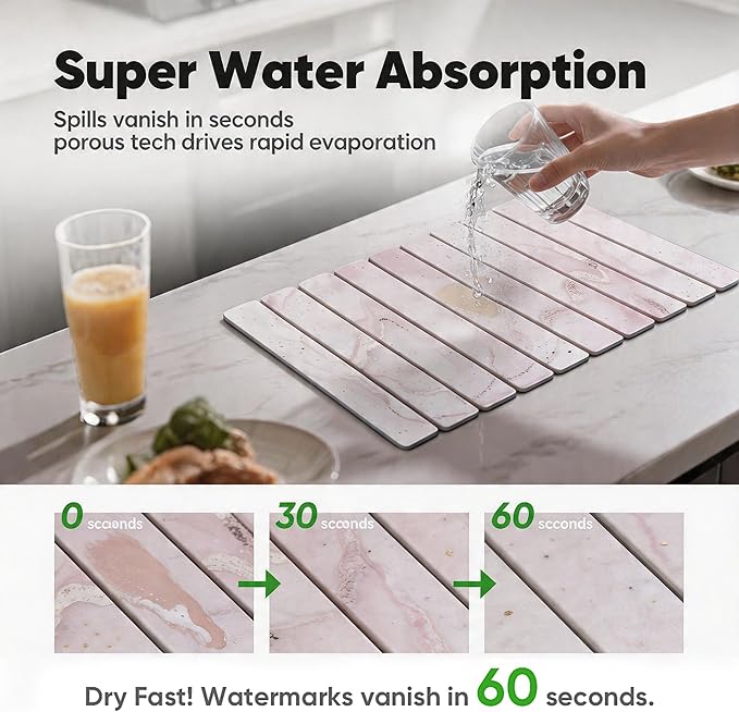 Stone Drying Mat for Kitchen Counter, Quick Diatomaceous Earth Mats for Dishes, 23.6"L x 15.7" W Super Absorbent Fast-Drying Collapsible Countertop Stone Mat (Marble White-07, 24" x 16")