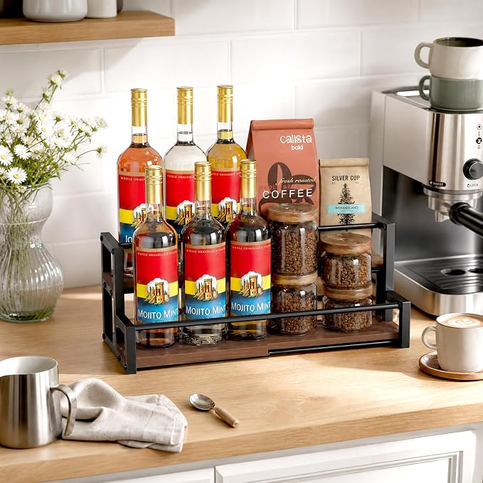 Expandable Coffee Syrup Organizer, Customized Width Syrup Rack & Bottle Holder for Coffee Bar Station (Wooden Base for All Bottle Sizes)