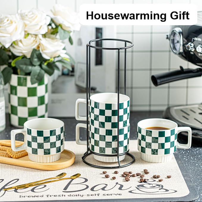 Miamolo Coffee Mugs with Stand and Spoons, Stacking Space-saving | 11oz, Set of 4 | Checkered Coffee Mug with Rack | Housewarming Birthday Gift | Dishwasher Safe | for Home Kitchen Office