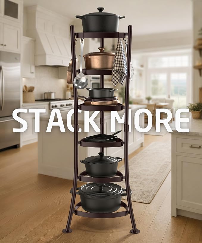KES Oiled Bronze Freestanding Pot Rack, 6-Tier Cast Iron Cookware Stand with 6 Hooks, Pots and Pans Storage Tower for Kitchen, Stable Base, 264 Lbs Capacity, Anti-tip Strap & Floor Protectors