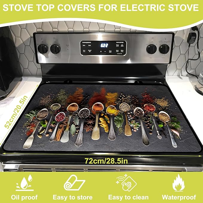 Glass Stove top Cover 28"x 20", Stove Top Covers for Electric Stove, Flat Range Mat for Glass Cooktop, Kitchen Heat-Resistant Protector Non-Slip Drying Mat (Herbs Spices)