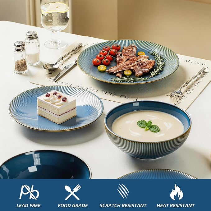 Dinnerware Sets for 4, 12 Piece Stoneware Plates and Bowls Sets, Ribbed Texture, Scratch Resistant Dish Set, Microwave and Dishwasher Safe, Blue