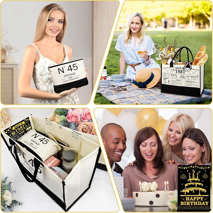 YeohJoy 45th Birthday Gifts for Women Canvas Tote Bag Travel Gear,Unique 45 Years Old Gifts for Wife Mom Sister Aunt Friends Her, Vintage N°45 Handbag & Cosmetic Bag & Back in 1981 Poster