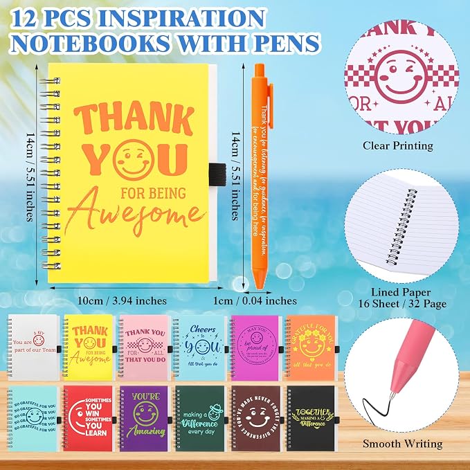 Skylety 12 Set Back to School Teacher Gifts in Bulk Thank You for Being Awesome Gifts 16 oz Glass Cups with Lids Straws Spiral Notebooks Sticky Note Pens for Employee Nurses Team Office Staff Coworker