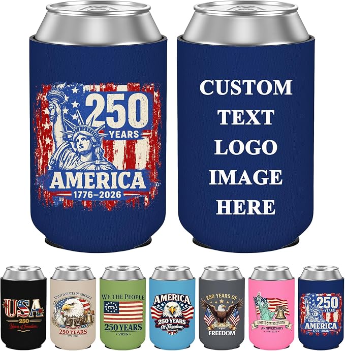 250 Pcs Custom 4th of July American Can Cooler Sleeves, 250th Anniversary USA Patriotic Neoprene Drink Holder for Memorial Day Independence Day Party Favors Decorations Gifts