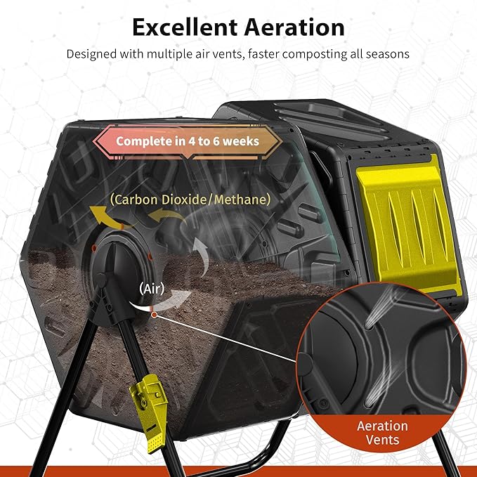 Compost Bin Outdoor, 2 Separate Tumbling Chambers, 37Gal Lagre Compost Tumbler with Sliding Door and Aeration System, 360° Rotating, Tumbling Composter Bin for Kitchen, Garden, Yard, Black Yellow