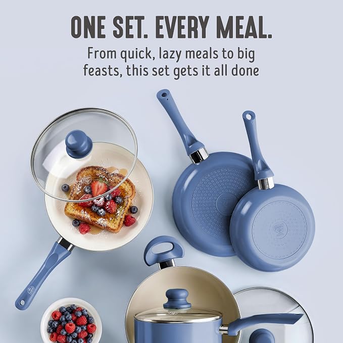 GreenLife 16-Piece Nonstick Cookware Set, Non-Toxic Ceramic Pots and Pans Set, Durable Healthy Kitchen Essentials, Fast Heating, Induction Ready, Easy Clean Dishwasher Safe, PFAS-Free, Slate Blue