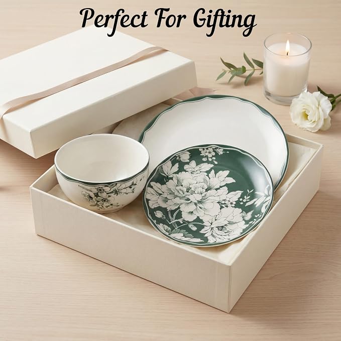222 Fifth 12-Piece Porcelain Dinnerware Set for 4, White & Sage Green Plates and Bowls Set, Glossy Ceramic Dish Set with Detailed Floral Design, Microwave & Dishwasher Safe Dishes for Dining, Brittany