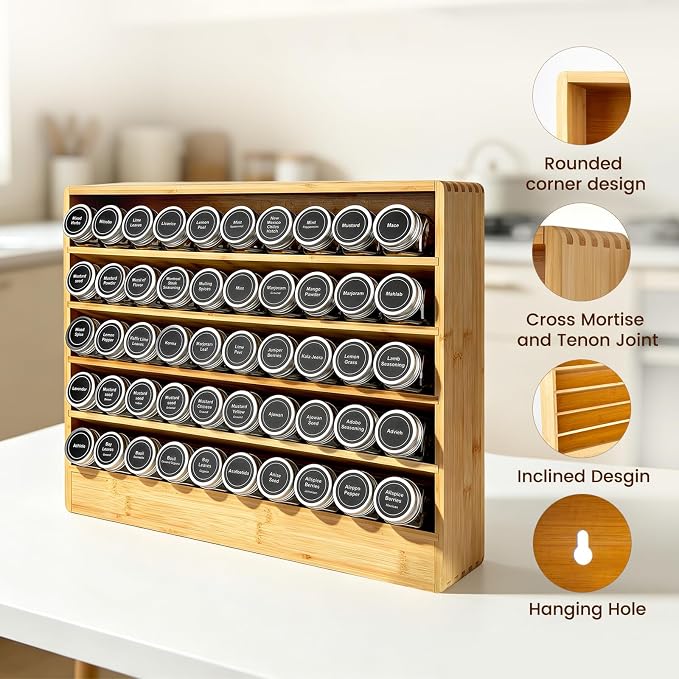Bamboo Tiered Spice Rack Organizer for Cabinet,Wooden Seasoning Rack for Countertop, Cupboard, Pantry, Kitchen (Spice Jars Not Included)