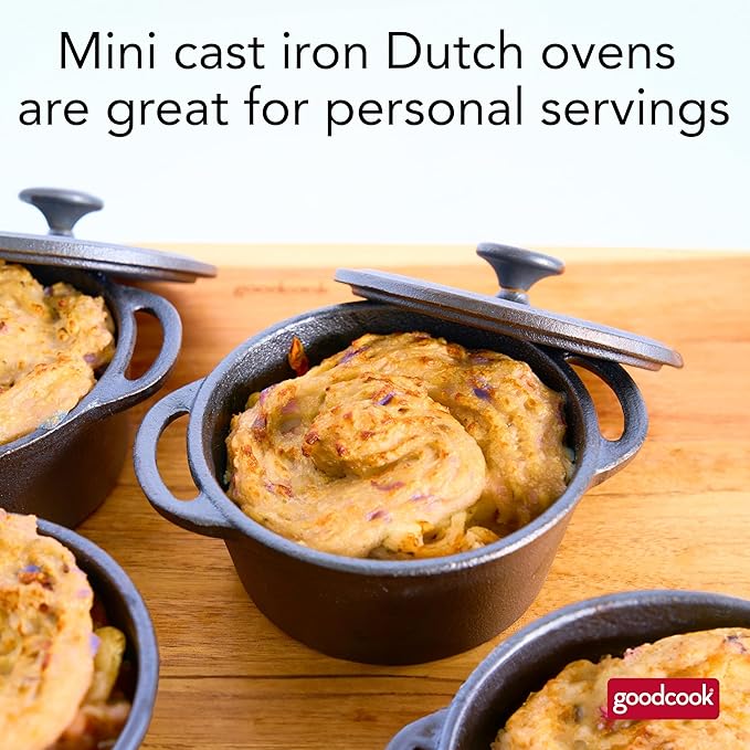 GoodCook Mini Dutch Oven with Lid, Pre-Seasoned Cast Iron Personal-Sized Pot for Stews Soups and Individual Desserts, Oven Safe to 500°F, 0.25-Quart, Black