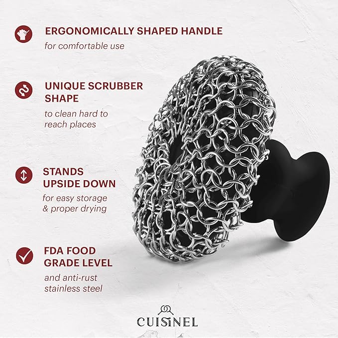 Cuisinel Cast Iron Chainmail Scrubber + Pan Scraper - Deluxe Ergonomic Stainless and Silicone Cleaner for Pots and Skillets - Food-Safe Design - Easy to Clean Dishwasher Safe Cookware Sponge Accessory
