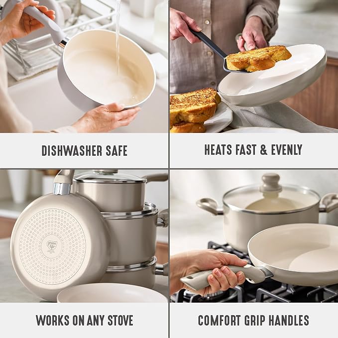 GreenLife 16-Piece Nonstick Cookware Set, Non-Toxic Ceramic Pots and Pans Set, Durable Healthy Kitchen Essentials, Fast Heating, Induction Ready, Easy Clean Dishwasher Safe, PFAS-Free, Beige Taupe