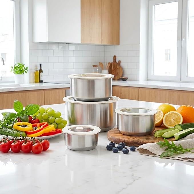 Urban Green Stainless Steel Food Containers with Glass Lid, Airtight Leakproof Stainless Steel Food Storage Container, Salad Bowl in set of 4, Round Shape, Microwave Safe, 100% Plastic Free
