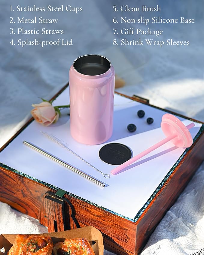 Glass Cups with Lids and Straws, 16oz Stainless Steels Cups, Beer Cups, Iced Coffee Cup, Smoothie Cup, Sublimation Tumbler, Pink (Smooth Polished Finish, Sublimatable)