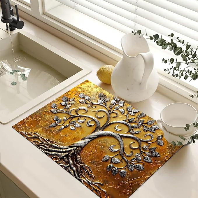 HOMETITUTE Stove Top Covers Pad Silver Tree of Life Kitchen Decorations 28 x 20 inches Stove Top Cover for Electric Coffee Bar Mats Pad Fit Coffee Maker Machine Countertops and Sinks
