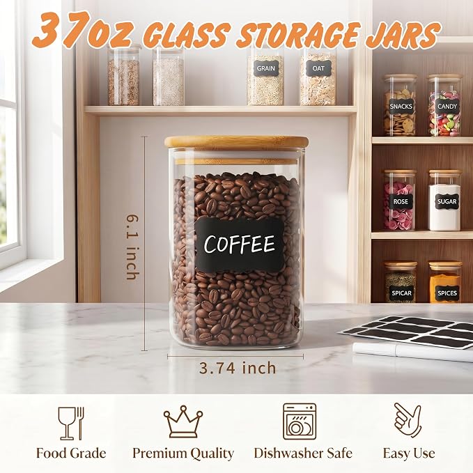 SENTVEND 37 Oz Glass Storage Jars with Bamboo Lids - 6 Pack Clear Glass Canisters Square Airtight Stackable Ideal for Pantry Storage Containers Organizers Great for Storing Oats Coffee Beans Nuts etc