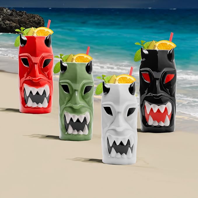 LEMONSODA Ceramic Hawaiian Tiki Glasses (Horned, Set of 4)
