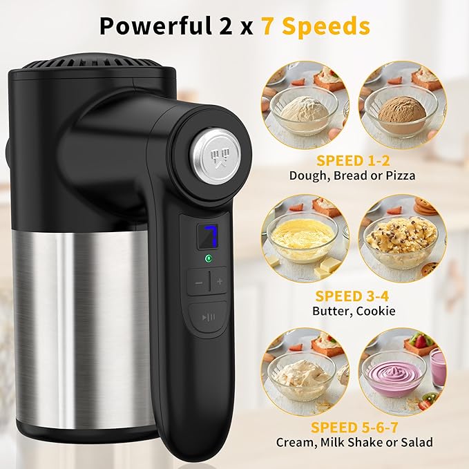 Cordless Electric Hand Mixer, 7 Speed Rechargeable Wireless Handheld Mixer with Eject Button, Long Battery, Quiet Anti-Splash, 6×304 Stainless Steel Attachments & Storage Base for Baking (Black)