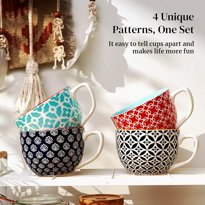 DOWAN Mosaian Soup Mugs, 24oz Large Coffee Mugs Set of 4, Soup Mugs With Handles, Ceramic Mugs for Soup/Coffee/Cereal/Latte, Thanksgiving and Housewarming Gifts for Family and Friends