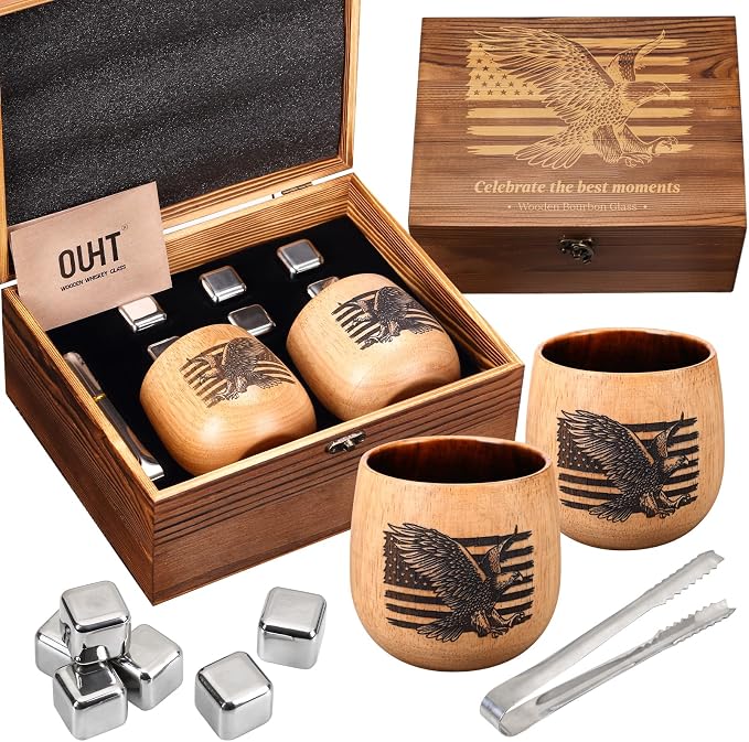 Oak Wood Whiskey Glass, Handcrafted Engraved Charred Wooden Tumbler, Unbreakable Old Fashioned Bourbon Glass for Men, Rustic Drinking Cup with Unique Design, Ideal Gift for Lovers