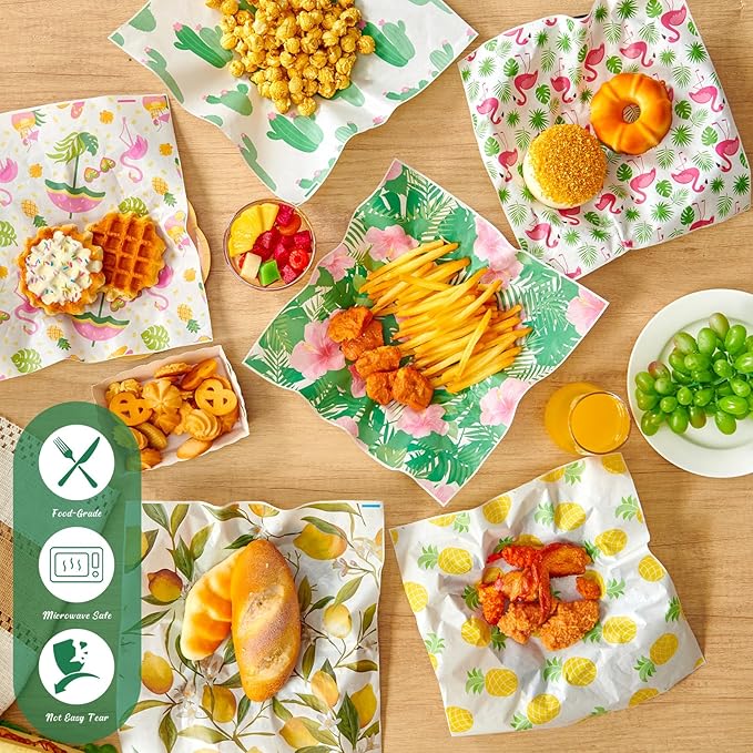 Reallnaive 300 Pcs Summer Theme Wax Paper Sheets 12 x 12 Inch Parchment Deli Tissue Paper Sandwich Wrapping Sheets Food Basket Liners for Kitchen Restaurant Baking Supplies, 6 Styles