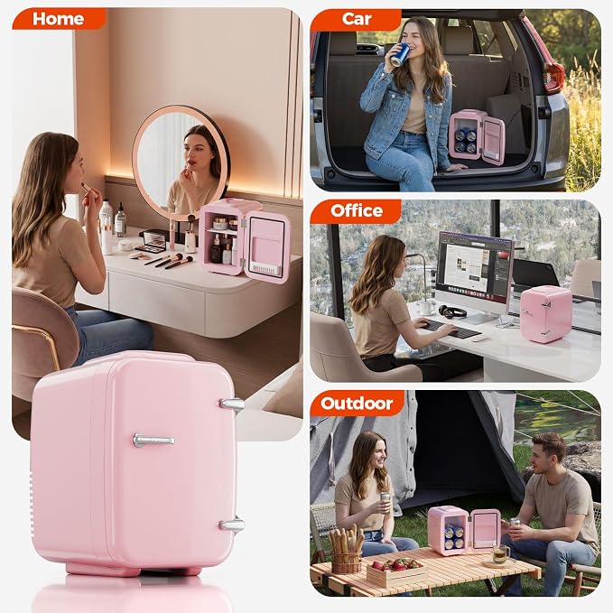 OSTBA Mini Fridge, 4 Liter/6 Can Mini Makeup Fridge, 110V AC/ 12V DC Portable Thermoelectric Cooler&Warmer for Skincare, Drink, Cosmetic, Medicine, Small fridge for Bedroom, Office, Dorm, Car, Pink