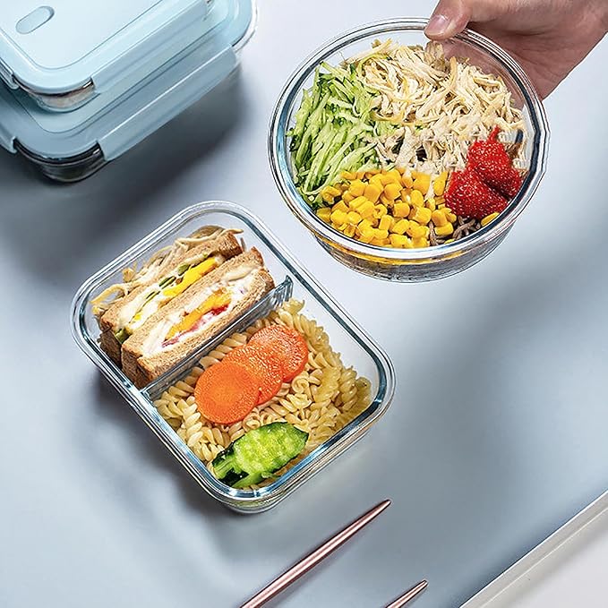 Fridge Food Storage with Lids, Glass Meal Prep Containers with Lids, Vegetable Fruit Meat Storage Organization, Leakproof Reusable Lunch Boxes, for Picnic, BBQ, Party, Travel