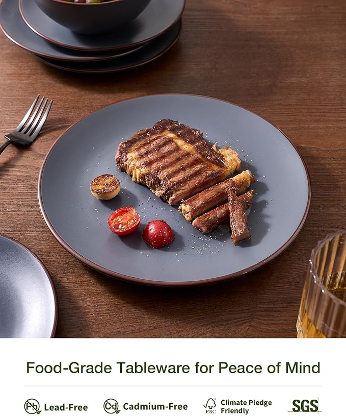 Famiware Venus Plates and Bowls Sets with Trim, 12 Pieces Speckled Stoneware Dishes Dinnerware Set for 4, Matte Charcoal - Microwave & Dishwasher Safe, Modern Minimalist, Everyday & Formal Dining