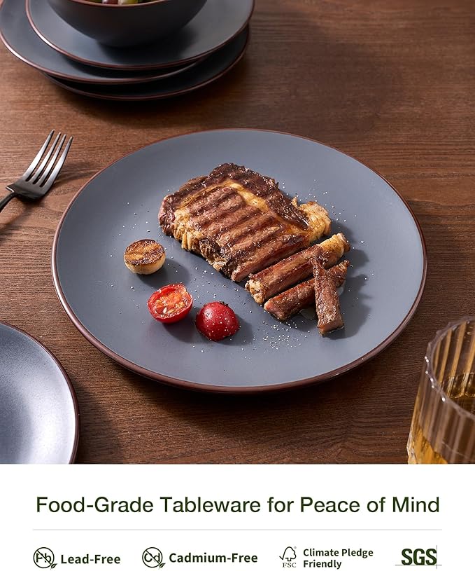 Famiware Venus Stoneware Dinnerware Sets with Pasta Bowls for 6, 24-Piece Speckled Plates and Bowls with Trim, Matte Charcoal - Chip‑Resistant Dishes for Everyday/Formal Use, Microwave/Dishwasher Safe
