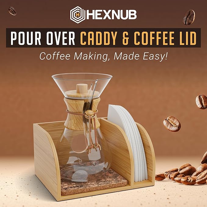 HEXNUB Pour Over Caddy with Lid for Chemex Bodum Cosori Coffee Makers Cork | Handmade Bamboo Stand, Lid, Filter Holder, Heatproof Mat for a Cleaner Coffee Station