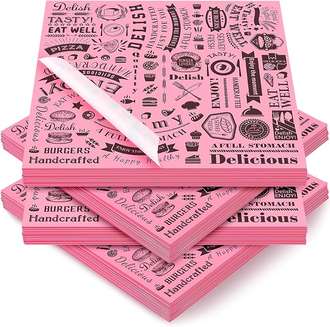 Marspark 200 Pcs Deli Wax Paper Sheets 12 x 12 Inches Square Grease Resistant Tray Basket Liners Hot Dog Wrappers Newsprint Water and Grease Proof Sandwich Wrapping Paper for Food Baking (Pink Black)