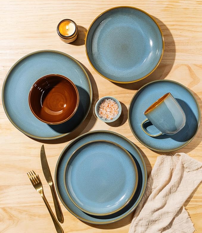 LERATIO Stoneware Dinnerware Sets for 4, 12 Pieces Ceramic Plates and Bowls Sets, Scratch Resistant Dish Set, Oven, Microwave & Dishwasher Safe-Ocean Blue
