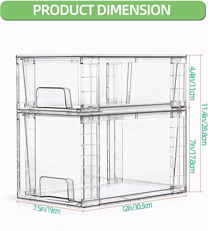 Clear Stackable Acrylic Storage Drawers(4 Pack), Plastic Organizer Bins with Handles, Easy Assembly for Bathroom Kitchen Pantry Cabinet Under Sink Snack Home Storage Solutions
