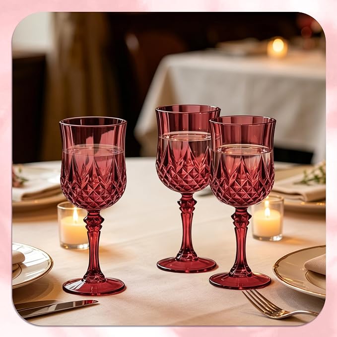 7OZ Plastic Wine Glasses, Reusable Vintage Goblets Unbreakable Drinking Glasses Crystal Water Cups Champagne for Wedding, Parties (48, Burgundy)
