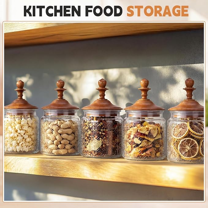 Suclain 6 Pack 17 oz Vintage Glass Jars with Wooden Crown Lids, Decorative Jars with Flower in the Window Pattern, Airtight Glass Food Storage Containers for Tea Coffee Spice Pantry Organization