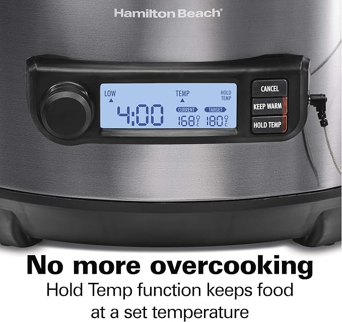 Hamilton Beach Portable 6 Quart Set & Forget Programmable Slow Cooker | Temperature Probe | Lid Lock For Easy Travel | Dishwasher Safe Crock & Glass Lid | Black Stainless Steel | 33866