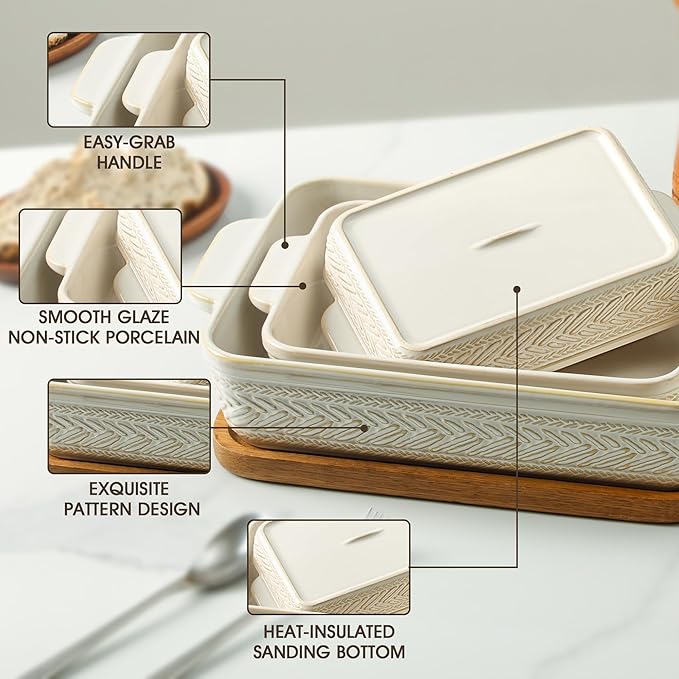 Casserole Dishes for Oven, Ceramic Baking Dishes Set of 3, Rectangular Lasagna Pans Casserole Dish Set for Baking, Cooking, Kitchen, Cake Dinner, Banquet (15.4''/12.3''/9.8'')