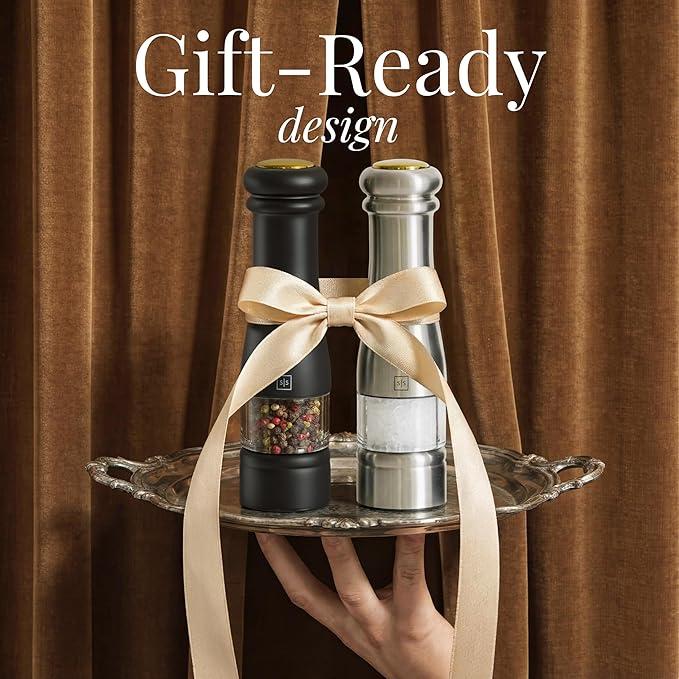 Electric Salt and Pepper Grinder Set - Styled Settings Electric Salt and Pepper Shakers, Automatic Stainless Steel Set with LED Light, Battery Operated, Adjustable Coarseness, Wood Base