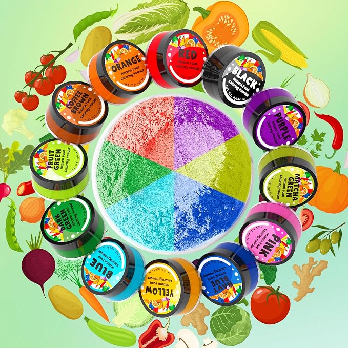 Natural Food Coloring - 12 Colors Plant Based Food Coloring Powder, FD&C & Artificial Dye Free, High Concentrated Natural Food Dye for Baking, Frosting, Fondant, Cake Decorating - 4g/0.14oz each