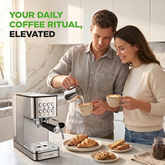 NutriChef 20-Bar Espresso Maker With Milk Frother | Removable 1.8 Quart Water Tank | Coffee Maker for Brewing Espresso, Cappuccino, Latte, Americano & Cold Brew Coffees | Stainless Steel