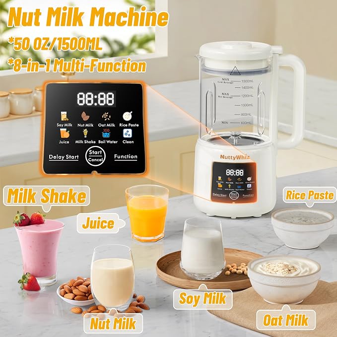 50oz Nut Milk Maker Machine, 8 in 1 Soy Milk Maker with 12 Blades | No Soak/Delay Start/Keep Warm/Self-Clean for Homemade Almond/Soy/Oat Milk, Juice, Plant-Based Dairy Free for Family & Party