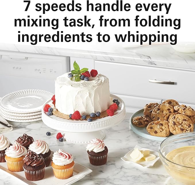 Hamilton Beach Electric Stand Mixer, 4 Quarts, Dough Hook, Flat Beater Attachments, Splash Guard 7 Speeds with Whisk, Silver | Planetary Mixing For Full Bowl Coverage | Splash Guard | 300 Watts | Whisk, Flat Beater, Dough Hook | Silver