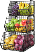X-cosrack Stackable Wire Baskets for Counter, Fruit and Vegetable Storage, Potato and Onion Storage Bin，Kitchen Pantry Organizer - Wall Basket for Produce/Snack/Can, 3-tier Large, Black