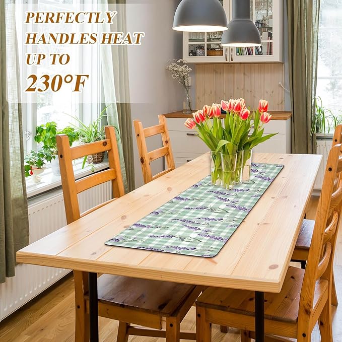 Cute Mint Green Plaid Lavenders Trivet Table Runner Heat Resistant 230F for Hot Dishes Pots Plates Kitchen Dining Table Protector Decorative 39.37 X 11.8 Inch