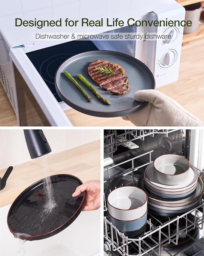 Famiware Nebula Ridge Stoneware Dinnerware Sets with Pasta Bowls, Plates and Bowls Sets, Service for 4 (16 Pieces), Microwave and Dishwasher Safe Kitchen Plates, Multi-color