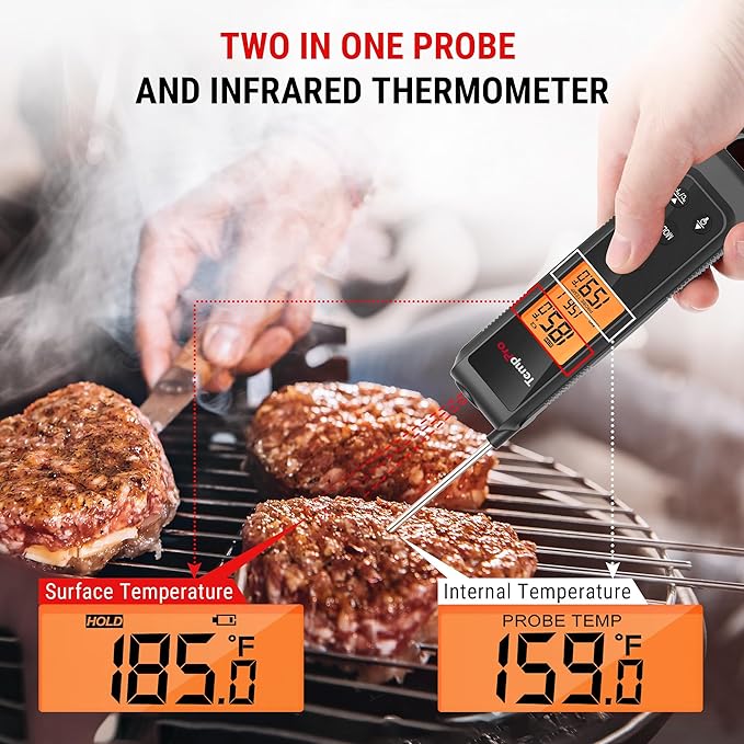TempPro 2-in-1 Instant Read Thermometer for Cooking, Infrared Thermometer with Meat Probe, Non-Contact Laser Meat Thermometer for Griddle Grill Pizza Oven, Black (Previously ThermoPro)