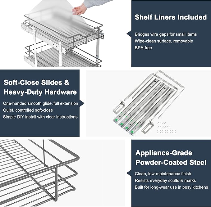 2 Tier Pull Out Cabinet Organizer - 14" W x 22" D Soft Close Slide Out Shelves with Shelf Liners - Pullout Drawers for Kitchen Cabinets, Pantry, Bathroom, Heavy Duty Steel Wire Baskets