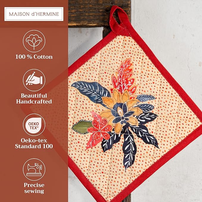 Maison d' Hermine Pot Holders 100% Cotton Heat Resistant Potholders 8" x 8" Hot Pads with Loop for Thanksgiving Christmas Decorations BBQ Cooking Baking Handling Hot Pans (Pack of 1, Kalahari)