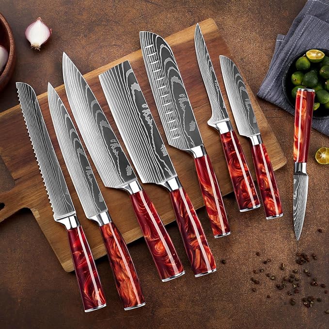 SENKEN 8-Piece Japanese Knife Set with Red Resin Handle and Laser Damascus Pattern - Crimson Collection - Chef's Knife, Cleaver, Santoku, Bread Knife, Paring Knife, & More (Crimson Red)
