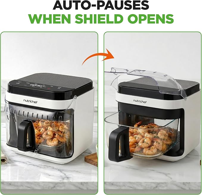 NutriChef 5.8 Quart Air Fryer | Glass Airfryer with 8-in-1 Digital Presets | Stainless Steel Fryer Design | Glass Fry Bowl with Flip-Up Safety Shield | Compact Air-Fryer for Even Cooking | White